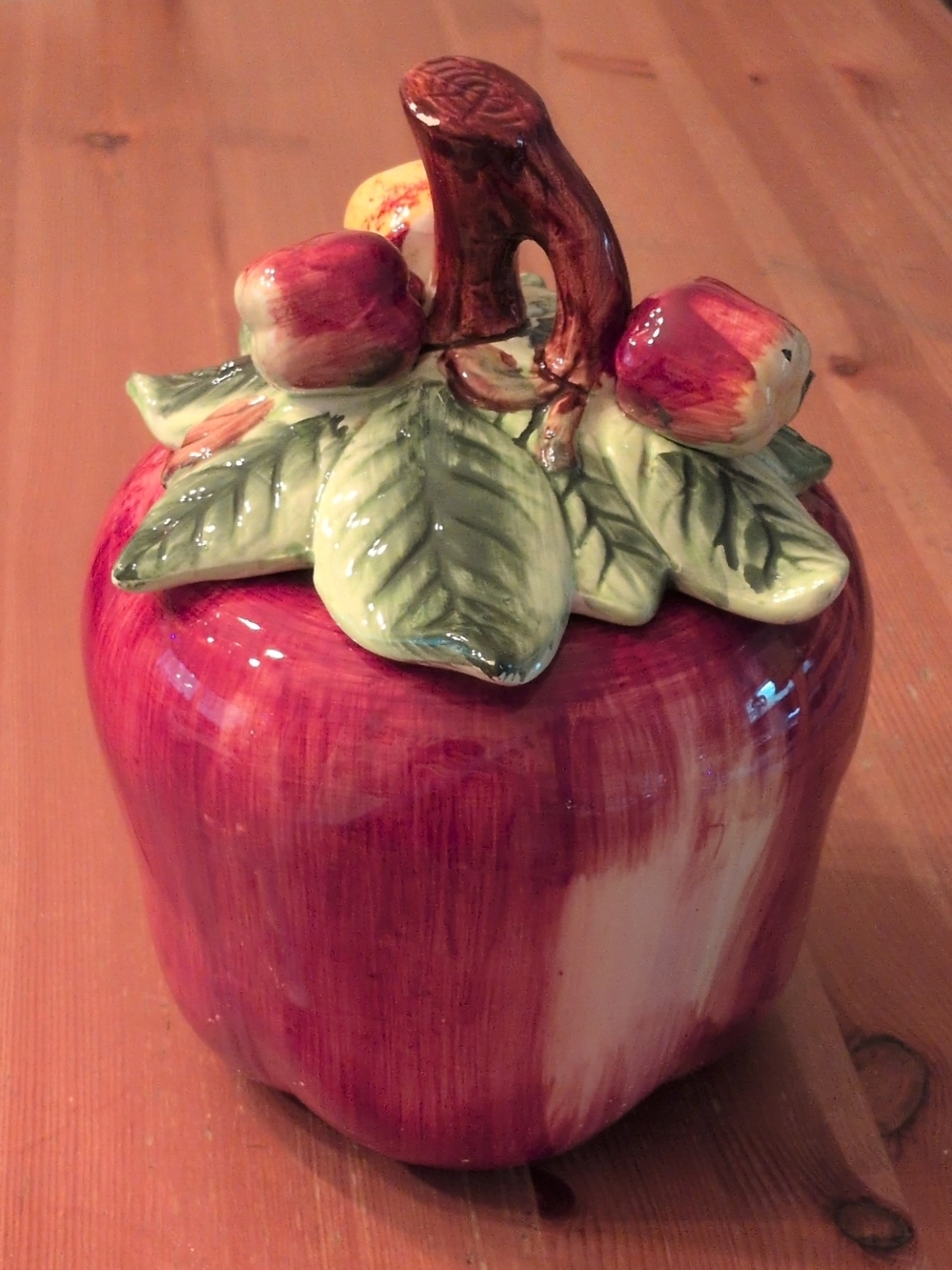 Large Decorative Ceramic Apple Cookie Jar Red, Green, Yellow EUC